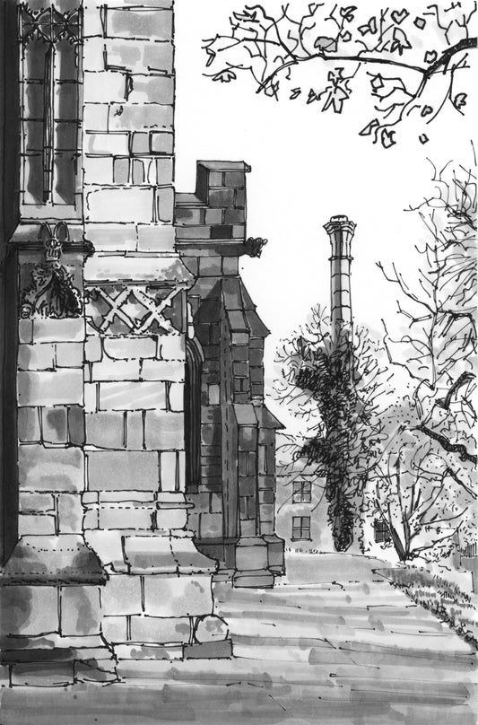 St. Giles' Parish Church & Soames Brewery Chimney, Wrexham — Original Ink Drawing and Giclée Art Print